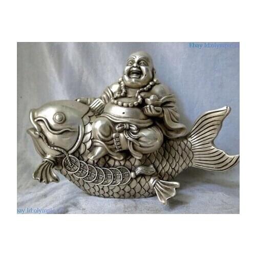 Copper Brass CHINESE crafts decoration Asian Silver sculpture China treasure buddhism happy Maitreya Buddha on fish Statue