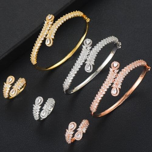 Missvikki 3 Colors Phoenix tail Charm Shiny Bridal Bangle Open Ring Sets for Women Wedding Full AAA CZ Bracelet Ring Sets 2019