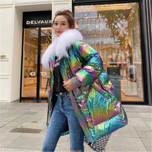 Fashion Holographic Duck Down Coat Women Winter 2020 Real Fur Collar Oversize Long Down Jacket Feather Overcoat 971