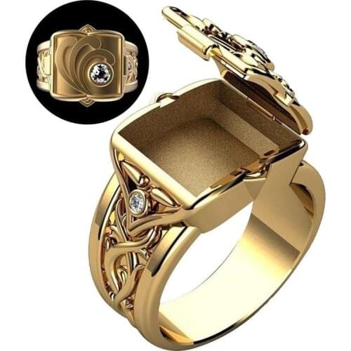 Fashion Vintage Carved Shiny Crystal Gold Ring Secret Small Room Coffin Coffin Ring Hip Hop Punk Viking Commemorative Jewelry