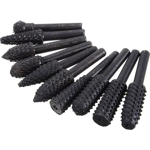 10pcs Shank Rotary Drill Bits Carbon Steel Shank Rotary Burr Set Wood Carving Rasp Drill Bits for Woodworking Grinding Tools