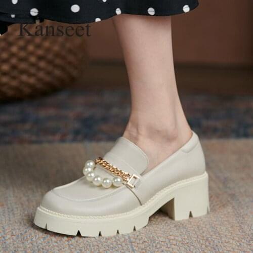 Kanseet New 2021 Women Pumps Spring Autumn Round Toe Pearls Chain Decoration Genuine Leather Chunky Heels Basic Women Shoes