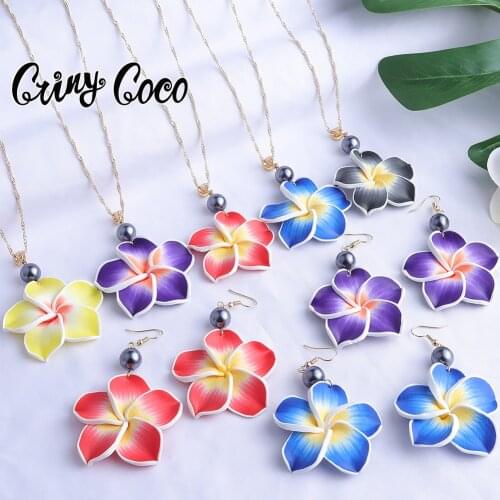 New Designer Jewelery Sets Trendy Handmade Soft Polymer Hawaiian Plumeria Necklace Earrings Set Valentines Days for Women 2021