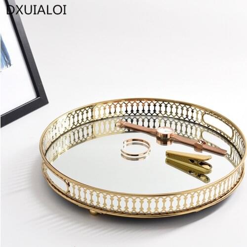 European style wrought iron golden glass tray mirror bottom metal tray living room light luxury jewelry storage tray fruit tray