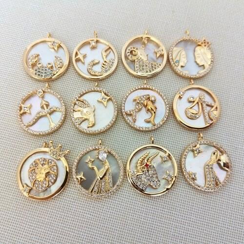 5Pcs CZ Micro Pave 12 constellation Round Shaped Shell Pendant Charm For necklace Jewelry Finding PD1026
