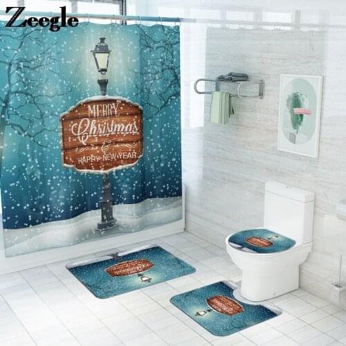 Christmas Style Flannel Home Decor Bath Mat Set with Polyester Waterproof Shower Curtain Bathroom Mat Toilet Shower Rug Foot Pad