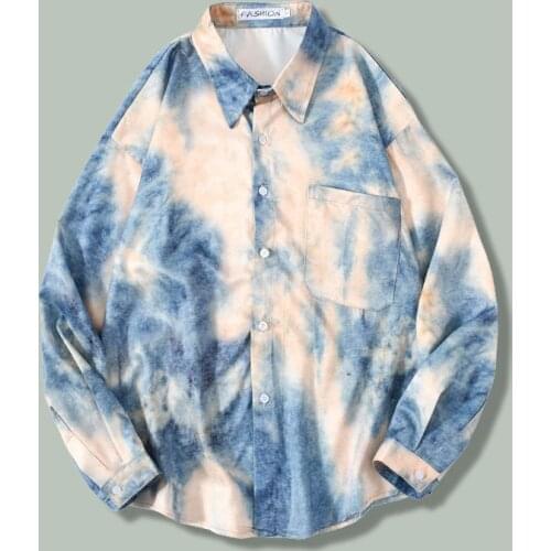 Korean Tie-dye Gradient Shirt Men Hawaiian Hip Hop Loose Short Sleeve Tops Japanese Harajuku Streetwear Oversize Hipster Shirts