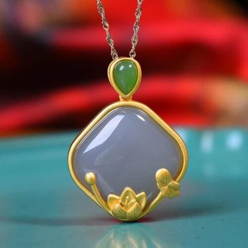 S925 Sterling Silver Inlaid Hetian Jade Qinghai Material Smoky Purple Diamond Geometric Figure Lotus Pendant Clavicle Chain New