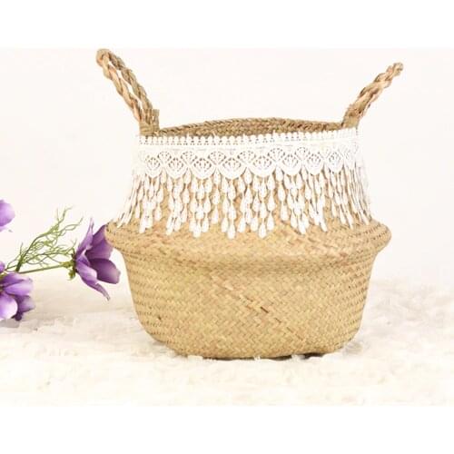 Folding Wicker Storage Basket Toy Organizer Plant Flower Pot Seagrass Food Picnic Basket Household Storage Laundry Basket