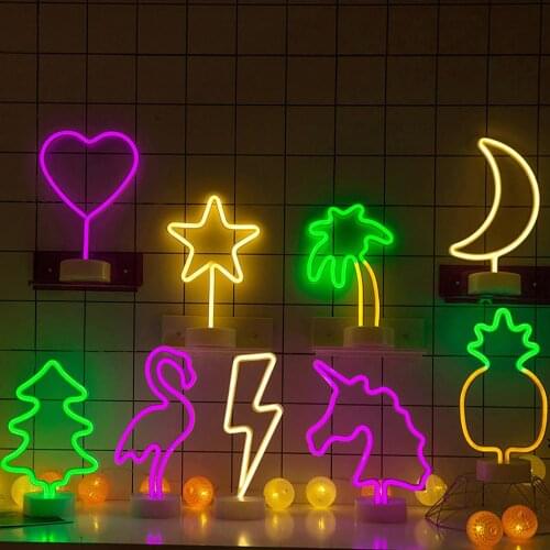 USB Powered LED Neon Light Flamingo Coconut Tree Pineapple Christmas Tree Unicorn Cactus LED Neon Sign Bedroom Decor Lighting