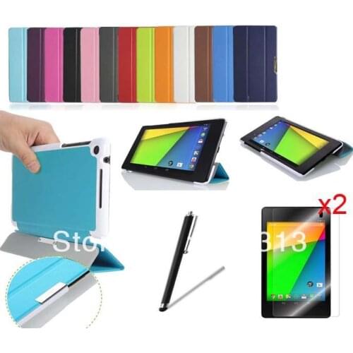 Flip Stand Smart Leather Case For Google Nexus 7 II 2 Gen Folio Sleep Wake UP Cover Skin + 2 * Clear Screen Protector + Stylus