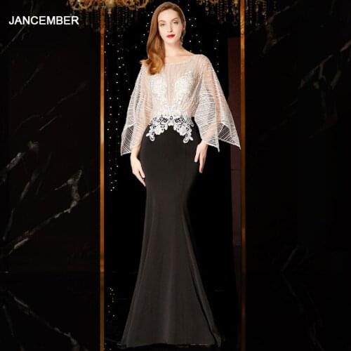 J17424 jancember evening dress with sleeves o-neck bat long tulle sleeve black prom dresses vestido largo fiesta noche elegante