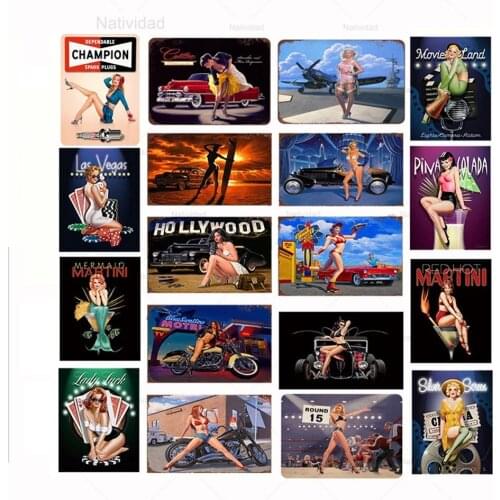 Vintage Pin Up Girl Metal Tin Signs Sexy Lady Retro Art Poster Plaque Plate Wall Garage Bar Pub Club Man Cave Retro Decoration