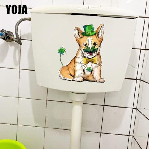 YOJA 17.7×22CM Corgi Green Clover Cartoon Home Room Decor Accessories Funny Toilet WC Stickers T1-2984