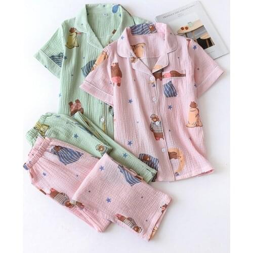 Womens Crepe Short-Sleeved Pants Pijama Mujer Cartoon Loose Pyjamas Women Cotton Gauze Pajamas 2 Piece Pijamas Home Sleepwear