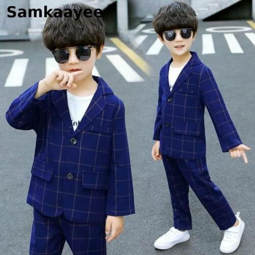 5-15y Kids Blazers Sets Spring Autumn Boys 2pcs Suits Casual Jackets Plaid Tuxedo Dress Single Breasted Childrens Blue Clothes