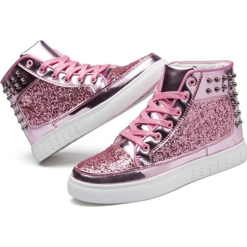 2019 Women High Top Sneakers Sequins Rivet Glitter High-Cut Round Toe Lace-Up Shoes Outdoor Skateboard Shiny Flat Sneakers T2-05