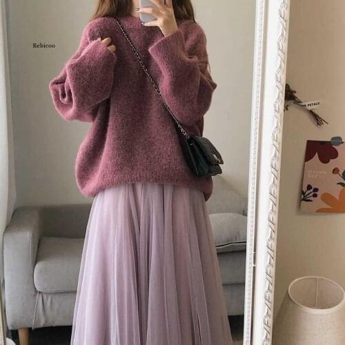 Women Autumn Winter Loose Knitted Sweater Top + Mesh Skirt Sets Female O-Neck Long Sleeve Pullovers Skirt 2 Piece Suit