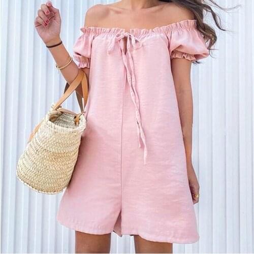 Sweet Ruffles Rompers Short Women Line Collar Cotton Linen Playsuits Off Shoulder Bind Casual Sleeveless Jumpsuits Summer Beach