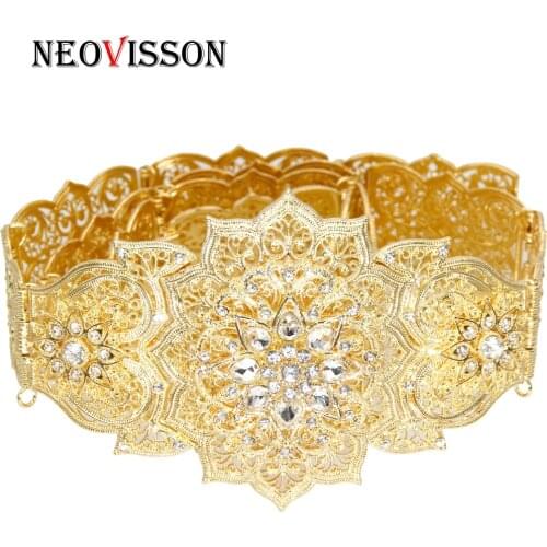 NEONISSON Algeria Women Caftan Belt Gold Silver Color Metal Chain Rhinestone Adjustable Length