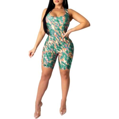 Women Sexy Summer Playsuits Female Printed Sleeveless Bodycon Stretch Leotard Romper Sportswear Jumpsuit Outfits /2