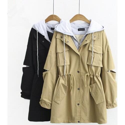 2021 Spring Plus Size Trench Coat Women Hooded Autumn Korean Drawstring Fake Two Casual Windbreaker Female Loose Clothes H1262