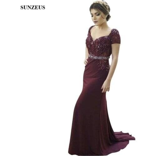 Beaded Appliques Burgundy Mother Of The Bride Dresses 2019 Mermaid Sweetheart Short Sleeve Party Dress Women Long Formal Wear
