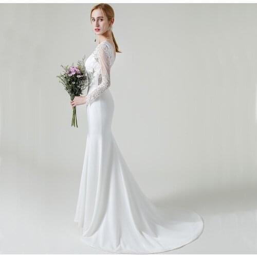 Simple Satin Mermaid Lace Wedding Dresses Long Sleeves V Neck Backless Wedding Dress Elegant Plus Size Bridal Gowns