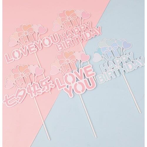 1PC LOVE YOU Happy Birthday Heart Bowknot cake topper For party Wedding Supplies Baby Shower Baking Dessert Kid Love Gifts