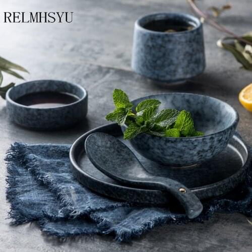 1PC RELMHSYU Japanese Style Ceramic Rice Noodle Salad Bowl Steak Western Food Plate Dish Flavored Dish Water Cup Tableware