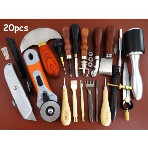 20pcs Leather Craft Edger Beveler Skiver Slicker Burnisher Groover Awl Chisel Tool Set - Sewing Stitching Carving Stamping Knife