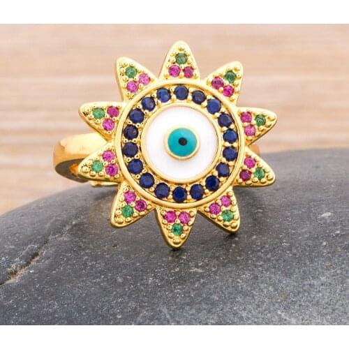 2020 Hot Sale Evil Eye Rings For Women Lady Jewelry Copper CZ Adjustable Sunflower Finger Rainbow Ring Best Party Wedding Gift