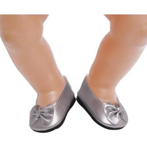 43 cm baby dolls shoes newborn Silver bow shoes princess dress shoe Baby toys fit American 18 inch Girls doll g62-g64
