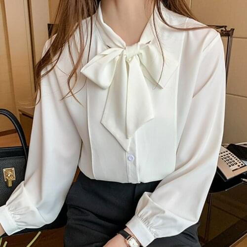 Blouse Women 2021 Long Sleeve White Blouse Owmen Shirts Tops Bow V-neck Office Blouse For Women Chiffon Blouse Shirt Blusas D400