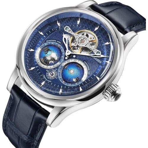 SEAKOSS Men Auto-Rotating Dual Earth Watch Genuine Leather 46mm Automatic Flywheel Tourbillon Mechanical Wristwatch for Mens
