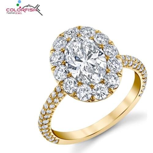 COLORFISH Solid Yellow Gold 14K Oval Cut 1 ct Moissanite Halo Engagement Ring for Women Luxury Anniversary Wedding Jewelry