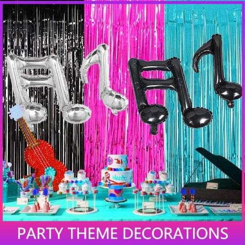 Music Note Party Decorations Fuchsia Black Teal Tinsel Foil Fringe Curtains - Birthday Decorations Photo Backdrops Ballon Set