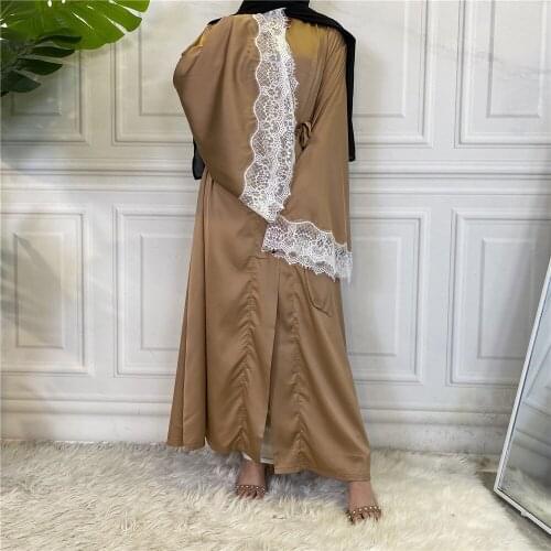 Dubai Open Abaya Satin Lace Long Maxi Dress Hijab Muslim Cardigan Women Turkey Kimono Kaftan Robe Gown Caftan Islamic Clothing