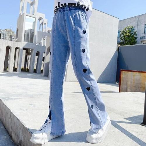 Fashion Children Pants 3 to 14y Girls Jeans Spring Summer boot cut Pants Thin Ice silk Denim Embroidered Slit Trousers Bottoms