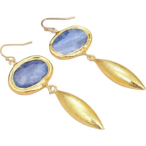 GG Jewelry Natural Oval Blue Kyanites Gold Color Plated Edge Brushed Bead Drop Stud Earrings Luxury For Women Lady Gift