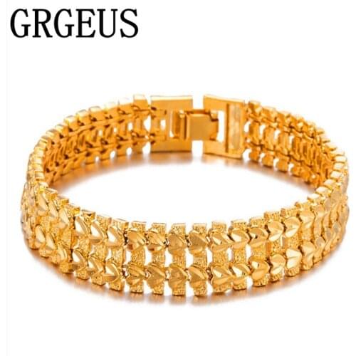 GRGEUS Hot Sale Big Chain Link Bracelet With Flower Pattern 12mm Width Fashion Gold Color Bracelet 21CM For Women Accessories
