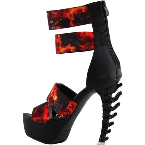 LF80694 SHOW STORY Punk Black Flame Pattern Strappy Gladiator Zipper Platform Bone Heels Club Pumps
