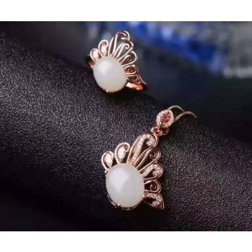Natural white jade gem jewelry sets natural gemstone ring Pendant ring 925 silver Stylish butterfly women party fine jewelry