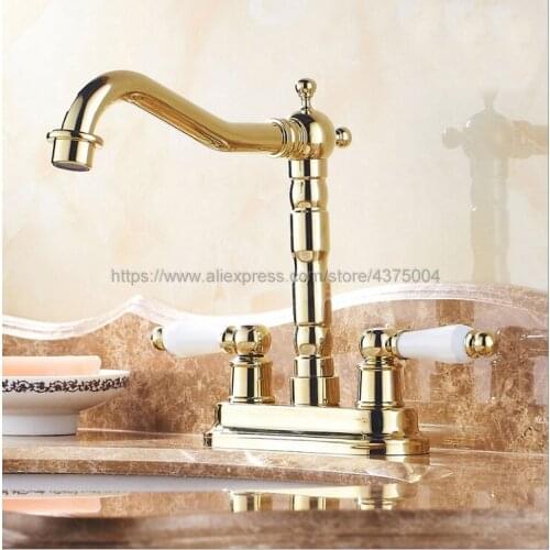 Gold Color Brass Deck Mount Double Handle Bathroom Faucet Vanity Vessel Sinks Mixer Tap Cold And Hot Water Tap Nnf431