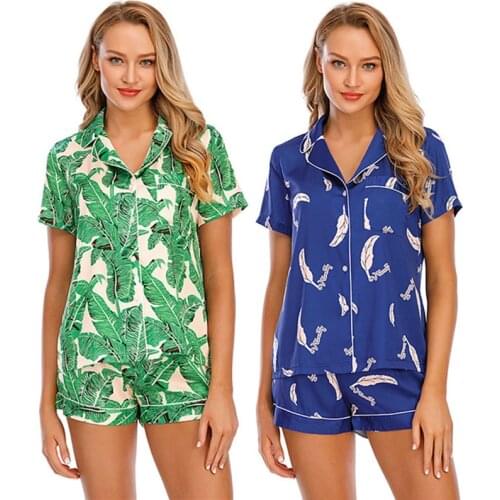 Summer Imitation Silk Printed Short-sleeved Shorts Suit Lapel Home Service Pyjamas Women Sleepwear Pajamas for Women Sleep Tops