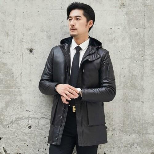 2020 Genuine Leather Men Real Sheepskin Coat Autumn Winter Mens Down Jacket Hooded Blouson Cuir 1808 KJ1295