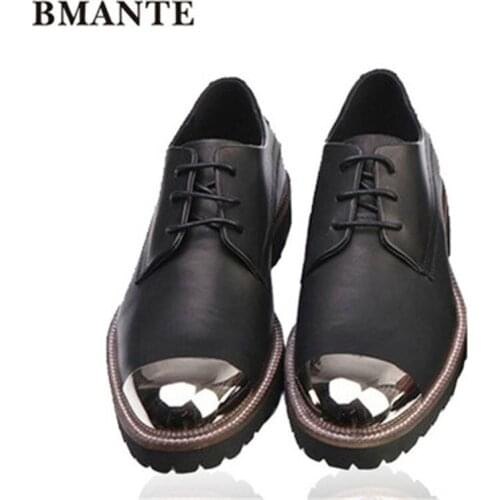 Bmante Genuine Leather Men Shoes Iron Toe Slip-on Flats Business Shoes Luxury Trainers Male Adult Casual Lace-up Sneaker Punk