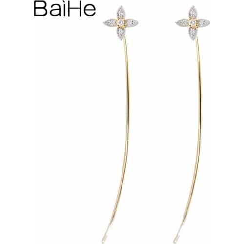 BAIHE Solid 14K White Yellow Gold 0.06CT H/SI Natural Diamonds Wedding Fine Jewelry Diamond Earrings Flower Earrings For Women