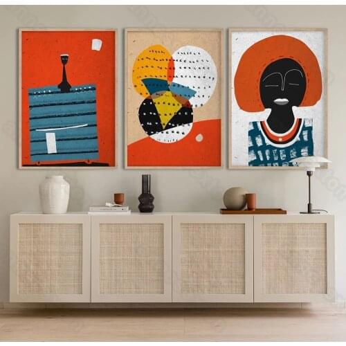 Nordic Style Canvas Painting Posters Abstract Black Woman Figure Blue Stairs Ovals for Living Room Bedroom Gallery Wall Decorati