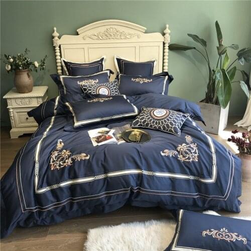 Luxury 80S Egyptian cotton Embroidery Blue Royal Bedding sets Queen King Wedding Duvet cover Bed sheet set Pillowcases 4/6pcs